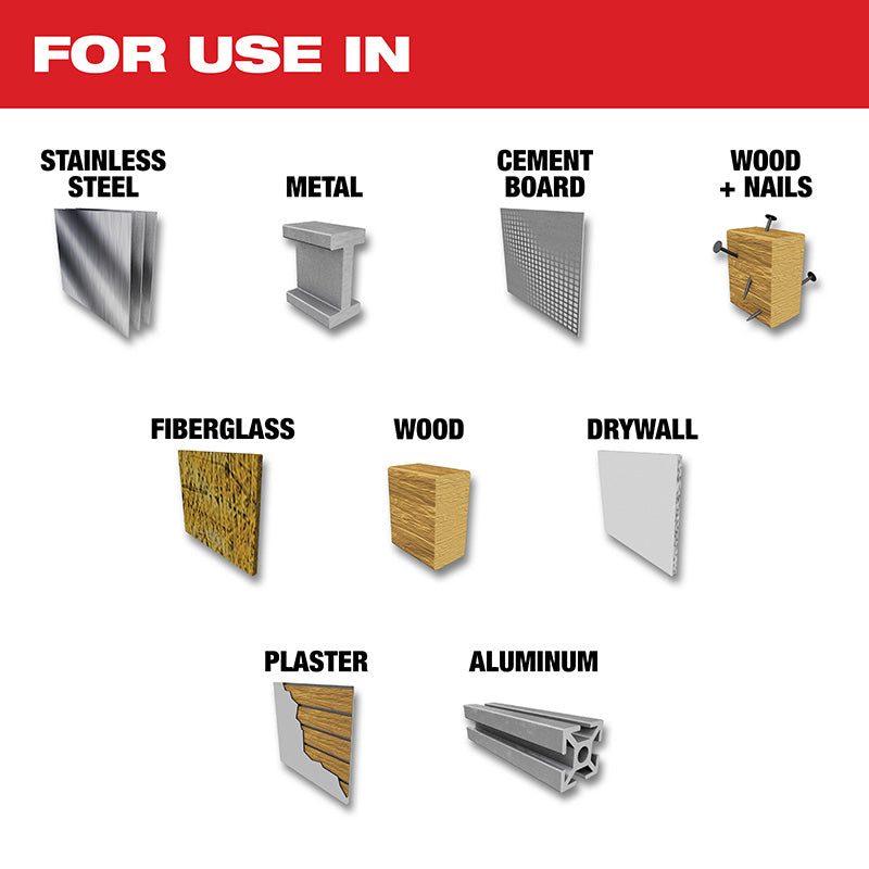 For use in Stainless Steel, Metal, Cement Board, Wood + Nails, Fiberglass, Wood
