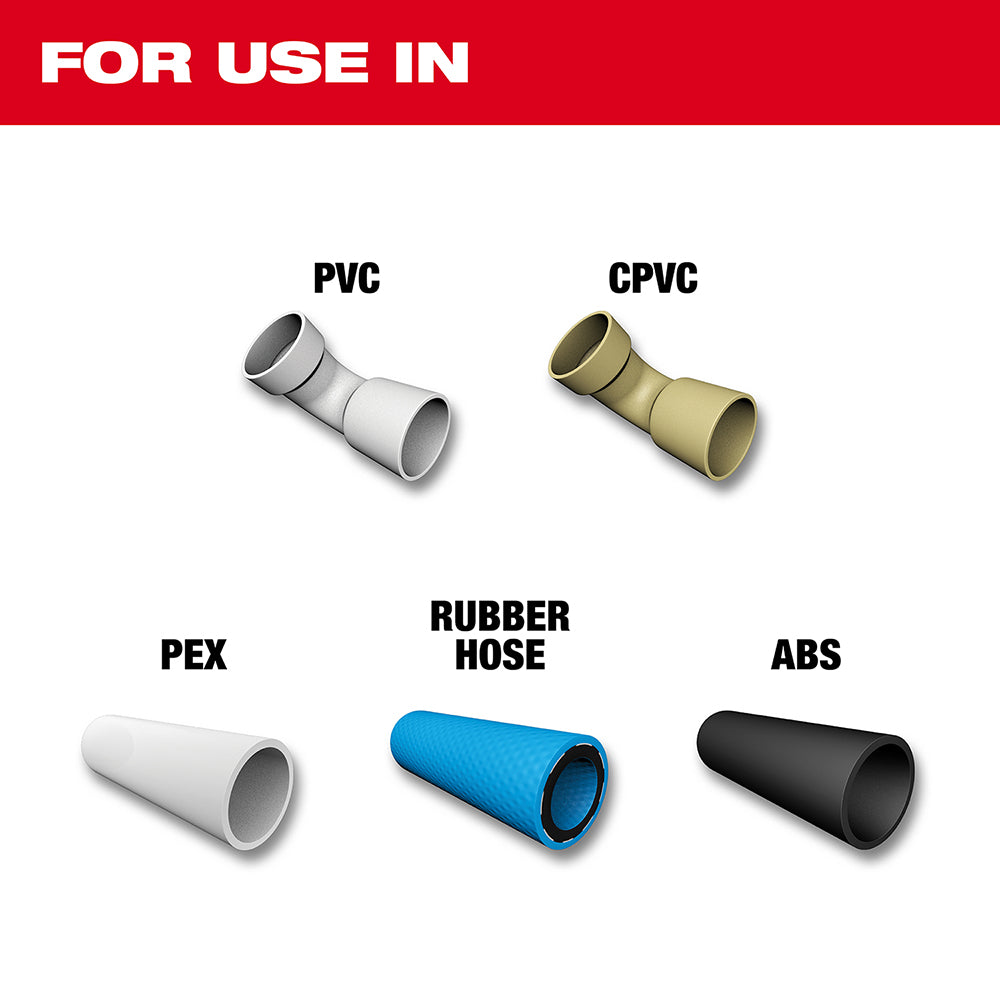 For use in PVC, CPVC, PEX, RUBBER HOSE, APS