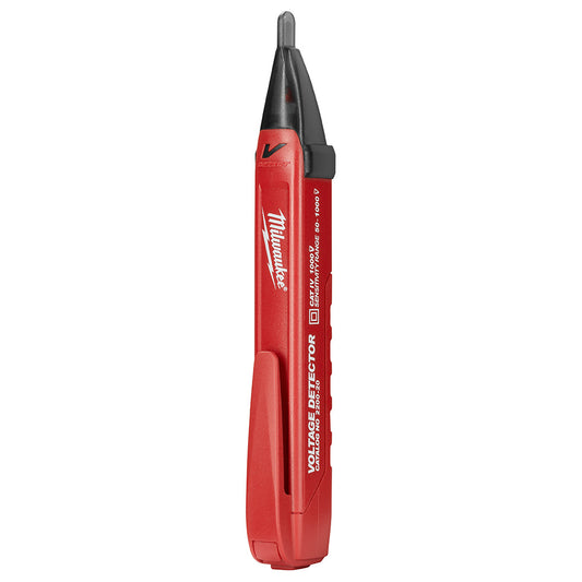 A red and black Milwaukee 10-1000V dual range non-contact voltage detector with a blade tip, pocket clip, and LED indicators.