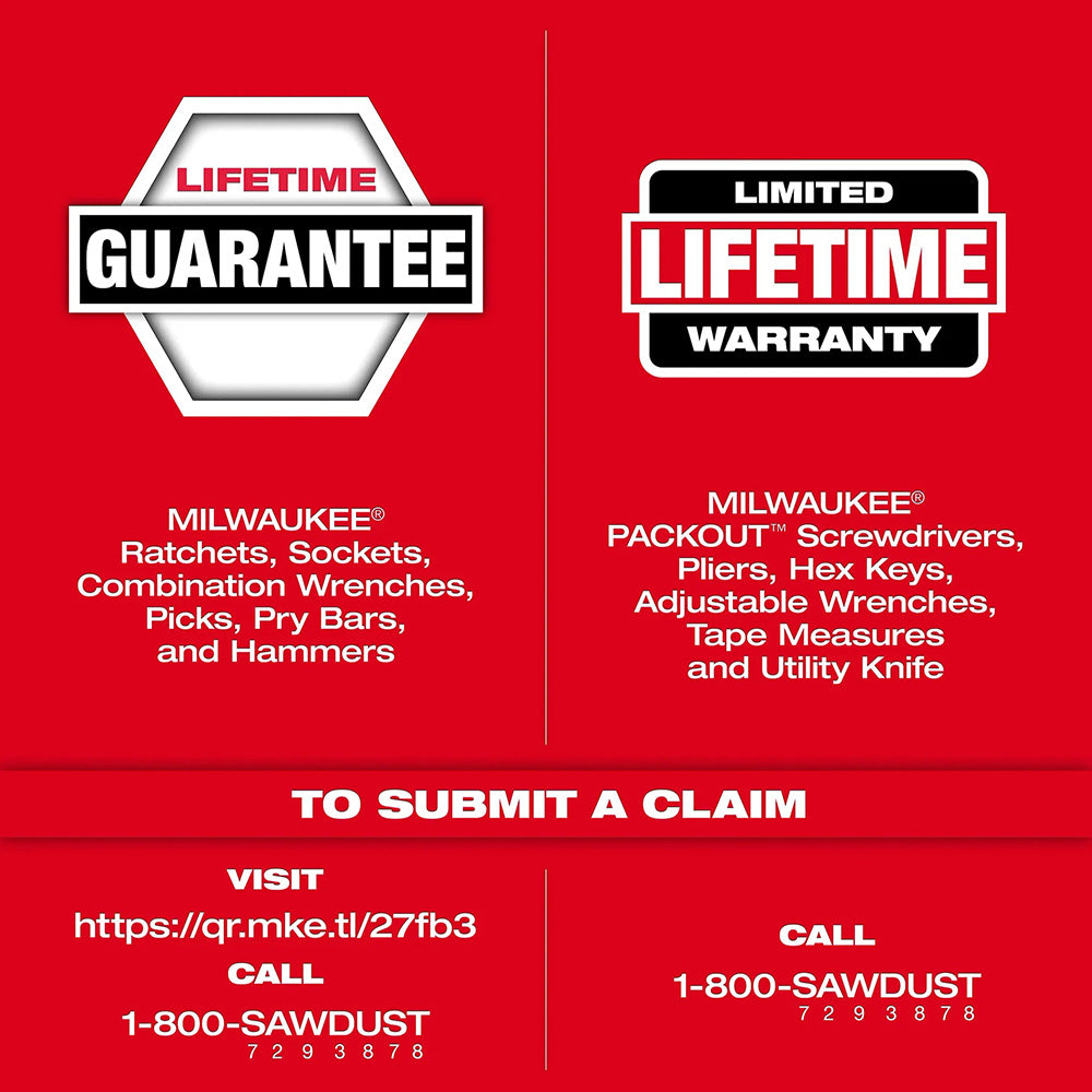 Red background with Milwaukee tool warranty information and contact details.