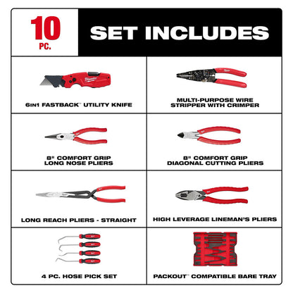 10-piece tool set with various tools including a utility knife, wire stripper, and pliers on a white background.