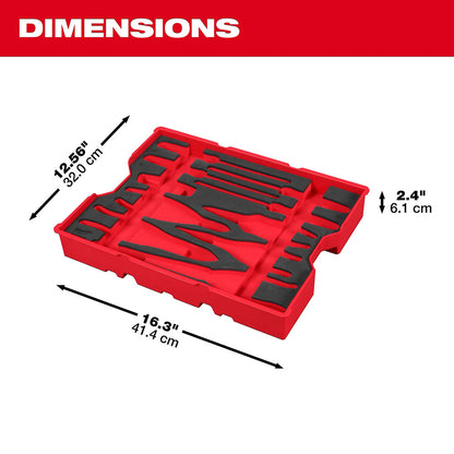 Red tool set with dimensions labeled on a white background