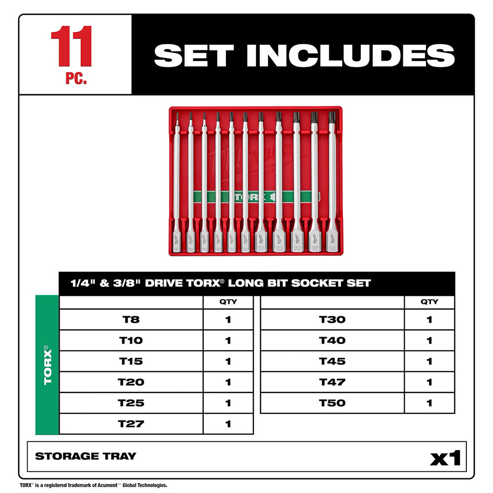 11-piece Torx long bit socket set packaging with product display and specifications.