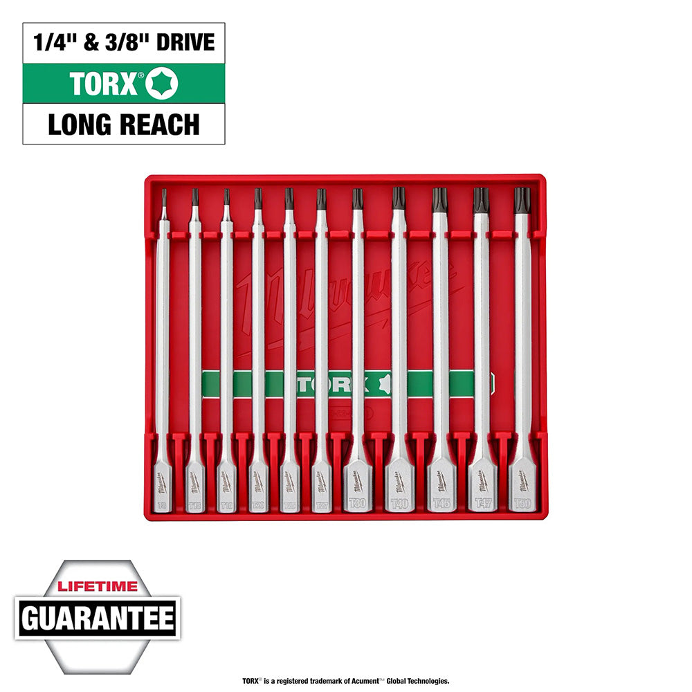 Set of Torx bits in a red case with branding and warranty information on a white background