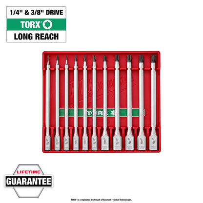 Set of Torx bits in a red case with branding and warranty information on a white background