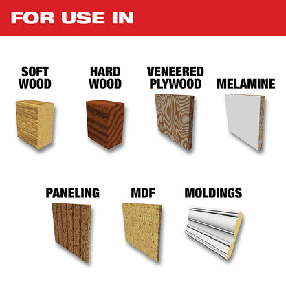 For use in Soft Wood, Hard Wood, Veneered Plywood, Melamine, Paneling, MDF, Moldings