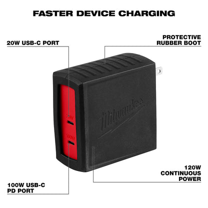Milwaukee power bank with labeled features on a white background