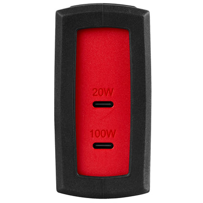 Black and red electronic device with power ratings on a white background