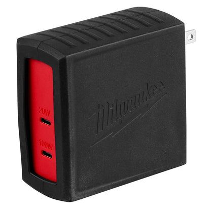 Black and red Milwaukee power adapter on a white background