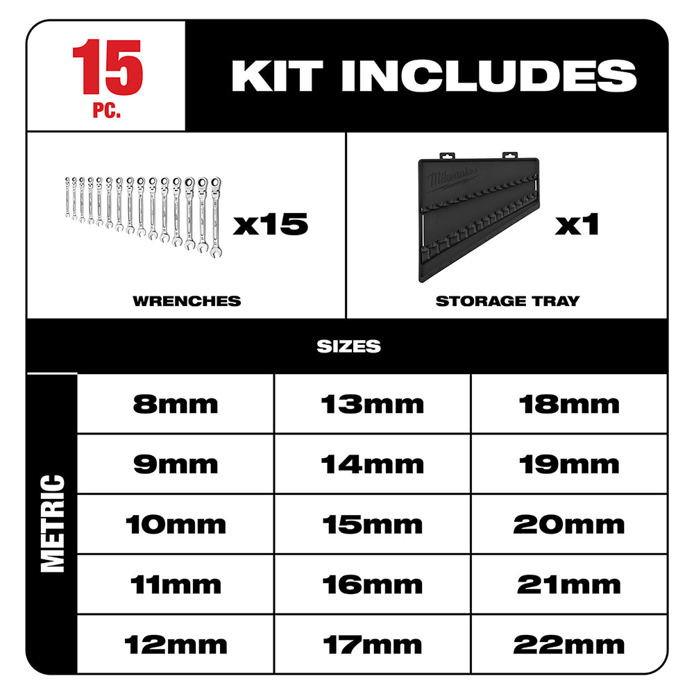 15pc Metric Flex Head Ratcheting Combination Wrench Set