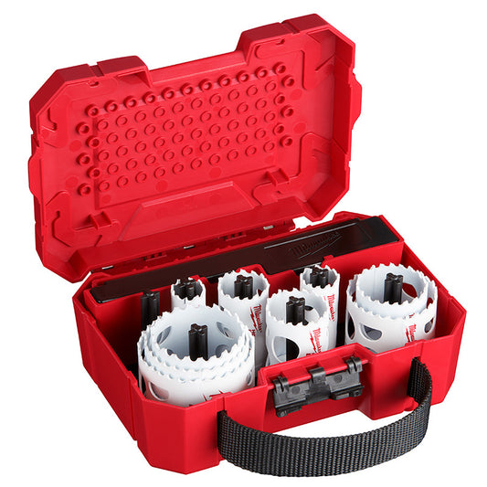 A red Milwaukee hole saw kit with various sized bi-metal hole saws displayed in an open case.