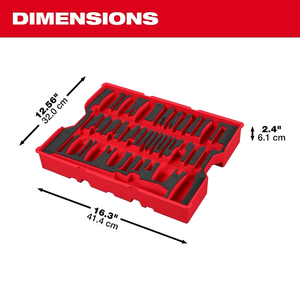 Red tool organizer with dimensions labeled on a white background