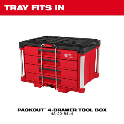 Red Milwaukee Packout 4-drawer tool box with black top lid on a white background