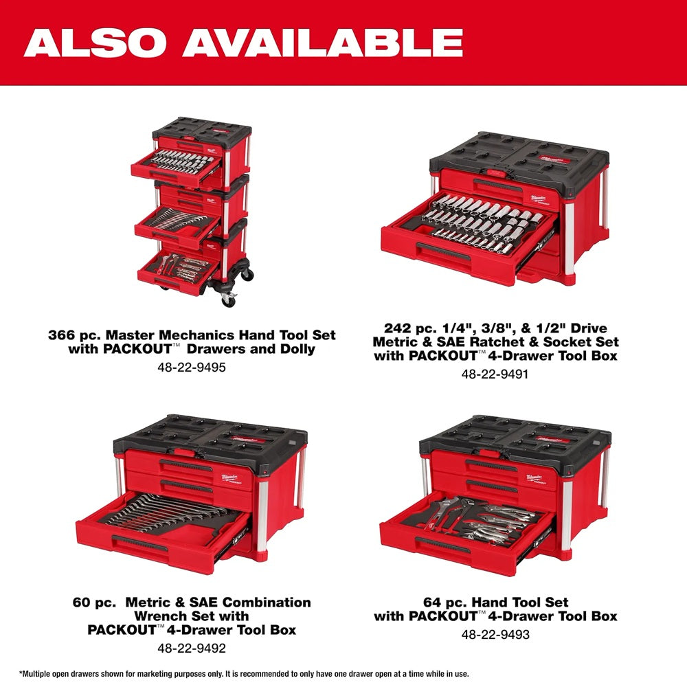 Red tool sets with open drawers on a white background, featuring text indicating product details.