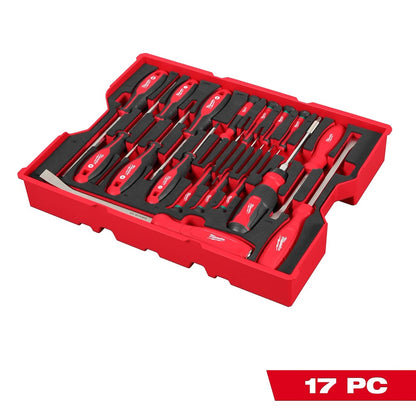 Set of 17 screwdrivers in a red case on a white background