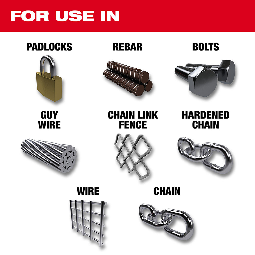 For use in Padlocks, Rebar, Bolts, Guy Wire, Chain Link Fence, Hardened Chained, Wire, Chain