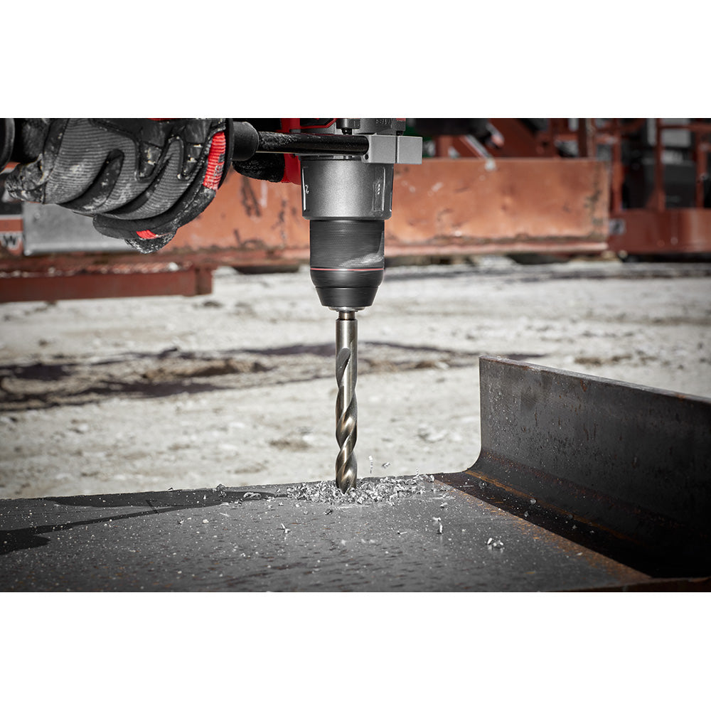 A 19/64" COBALT RED HELIX™ Drill Bit on a drill being used in metal