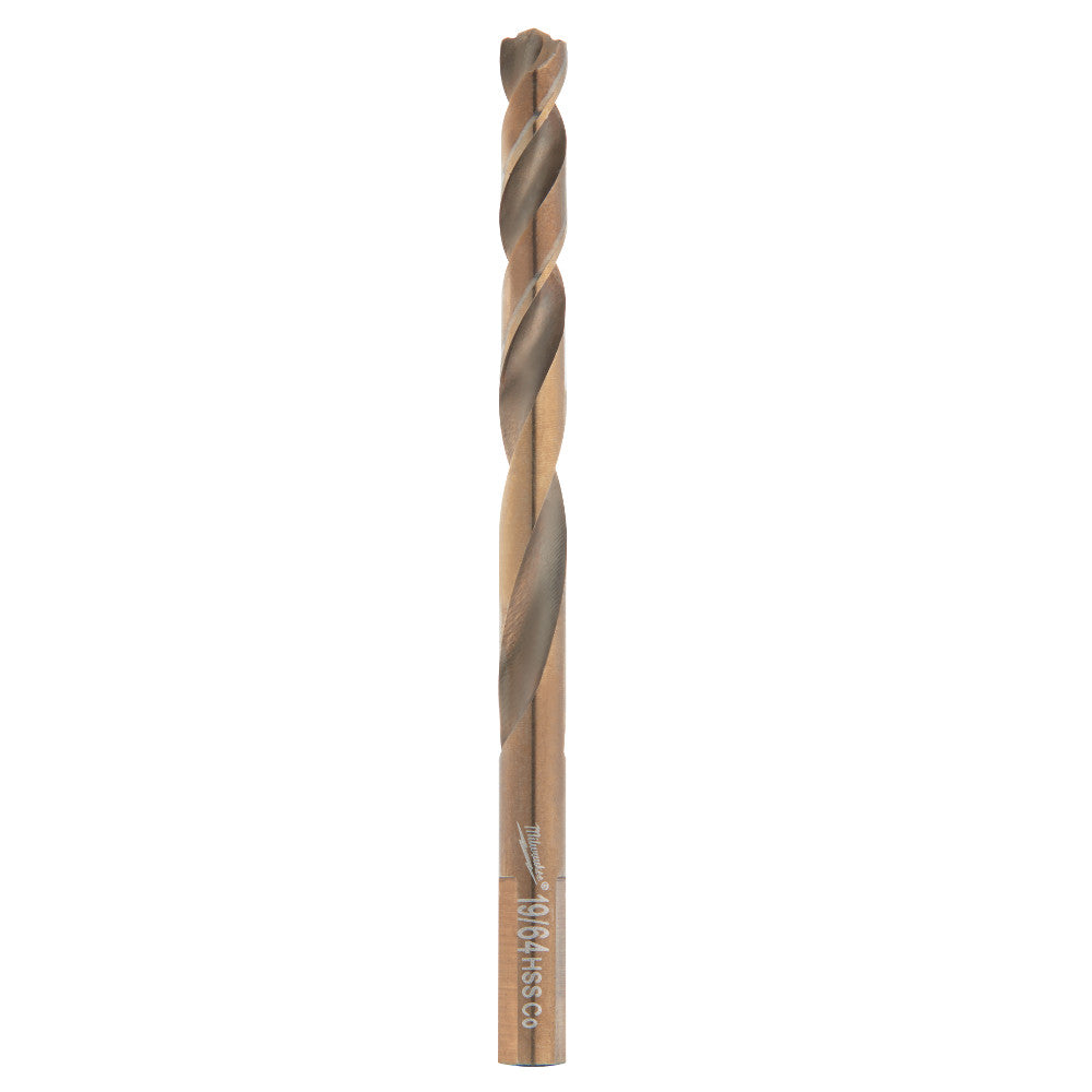 A single 19/64 inch COBALT RED HELIX Drill Bit with a silver color, designed for use in drilling hard metals, PVC, and wood.