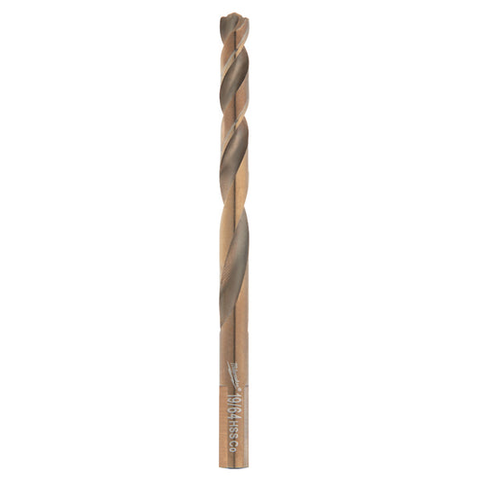 A single 19/64 inch COBALT RED HELIX Drill Bit with a silver color, designed for use in drilling hard metals, PVC, and wood.