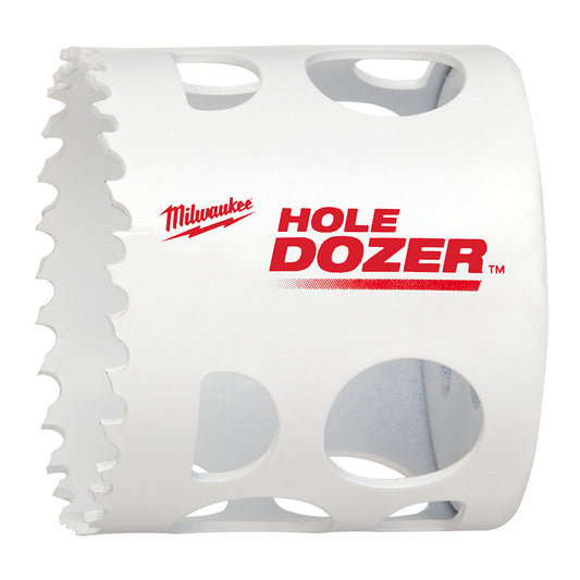 A white Milwaukee HOLE DOZER Bi-Metal Hole Saw with red and black text and logo.