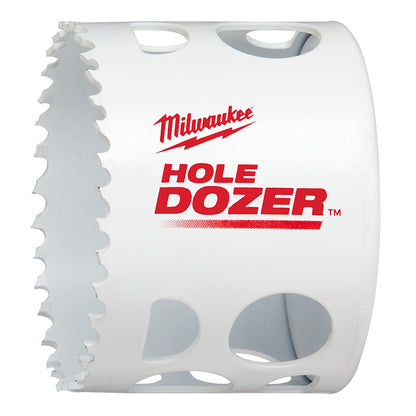 Milwaukee HOLE DOZER Bi-Metal Hole Saw with white body and red detailing, featuring the Milwaukee logo.
