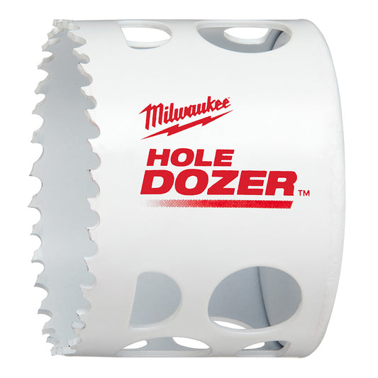 Milwaukee HOLE DOZER Bi-Metal Hole Saw with white body and red detailing, featuring the Milwaukee logo.