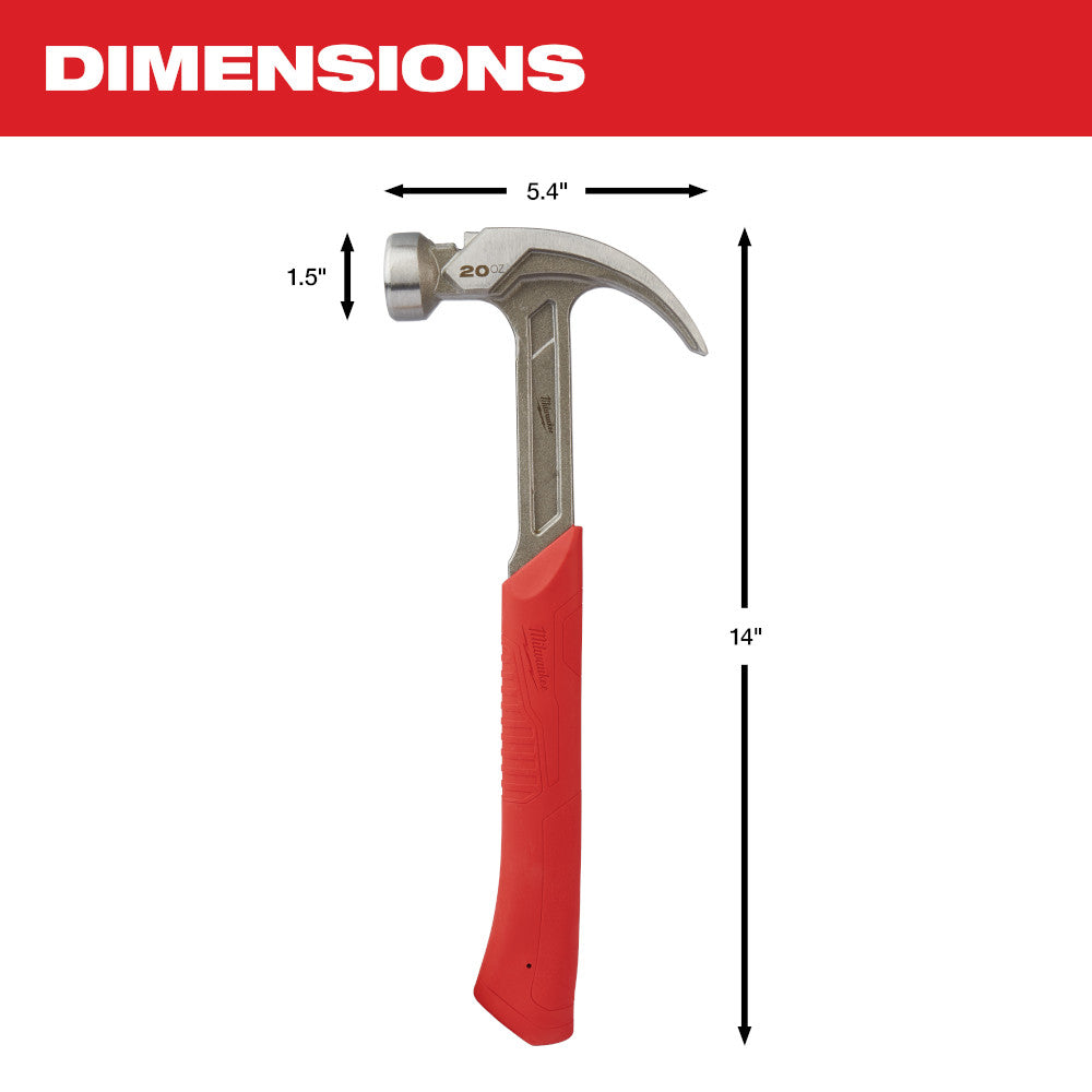 20 oz Curved Claw Smooth Face Hammer - Dimensions