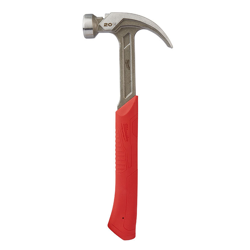 A 20 oz Milwaukee curved claw smooth face hammer with a red ShockShield grip and silver metal head.