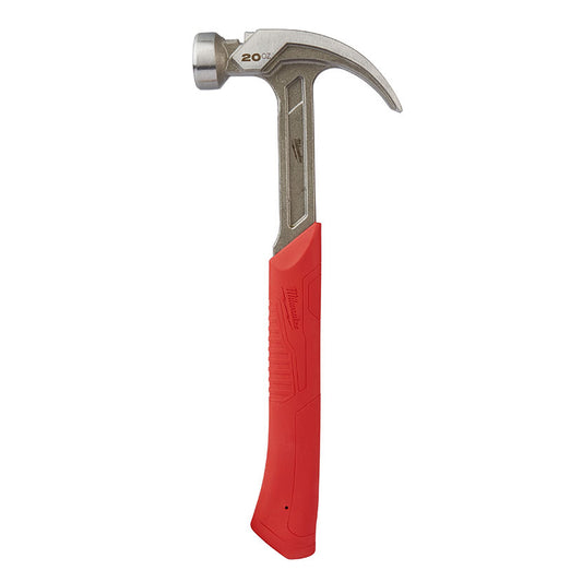 A 20 oz Milwaukee curved claw smooth face hammer with a red ShockShield grip and silver metal head.