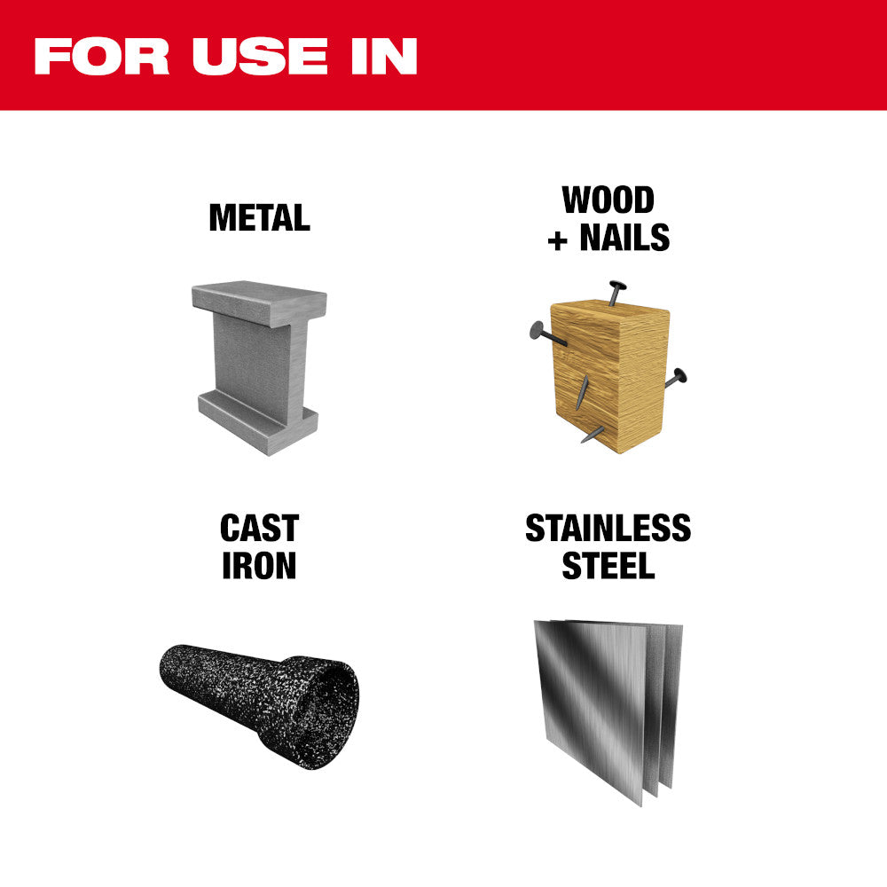For use in Metal, Wood + Nails, Cast Iron, Stainless Steel