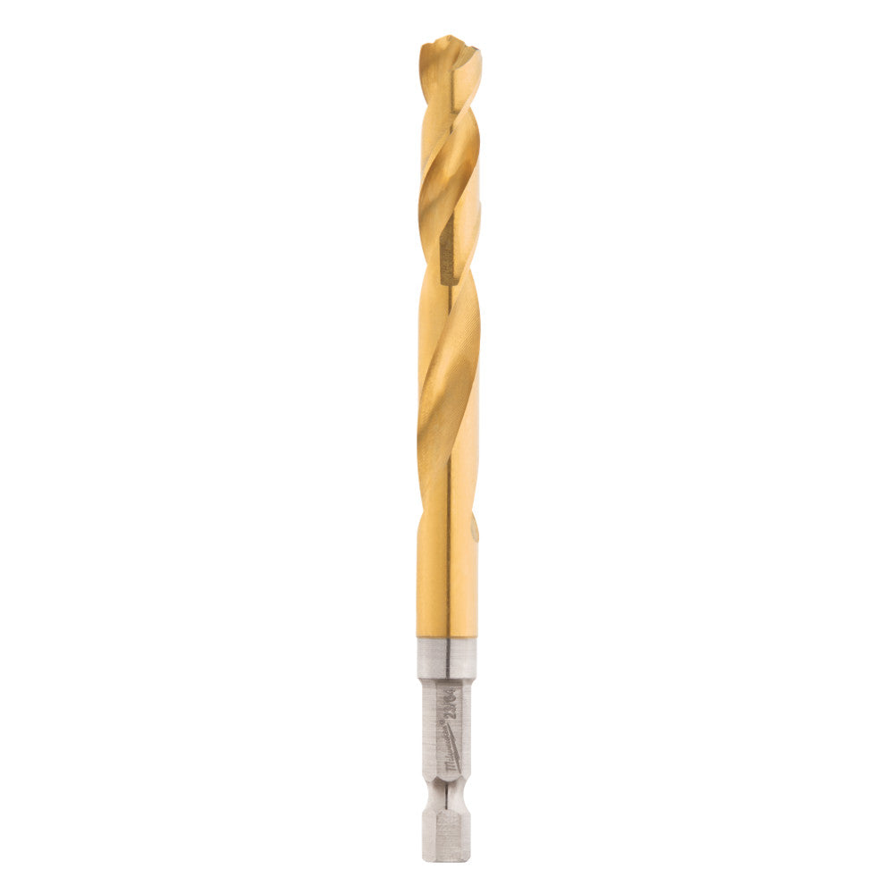 A gold-colored titanium drill bit with a helical screw blade, designed for impacts and drills with a 135° split point.