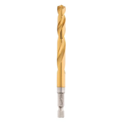 A gold-colored titanium drill bit with a helical screw blade, designed for impacts and drills with a 135° split point.
