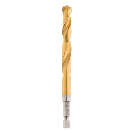 A gold-colored titanium drill bit with a helical screw blade, designed for impacts and drills with a 135° split point.