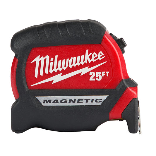 A red and black Milwaukee 25ft compact magnetic tape measure with a metal blade partially extended.