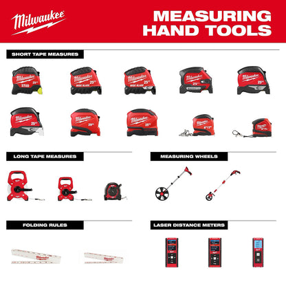 Milwaukee measuring hand tools including tape measures, folding rules, and laser distance meters on a white background.