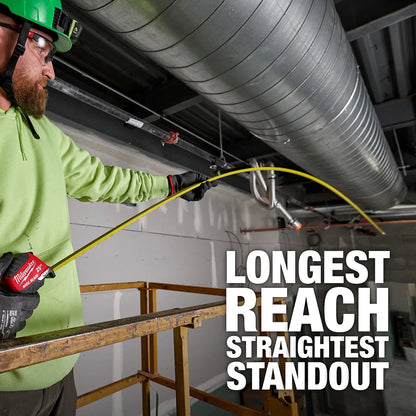 Person in a green shirt using a tool with a long reach in an industrial setting, text 'LONGEST REACH STRAIGHTEST STANDOUT' displayed.