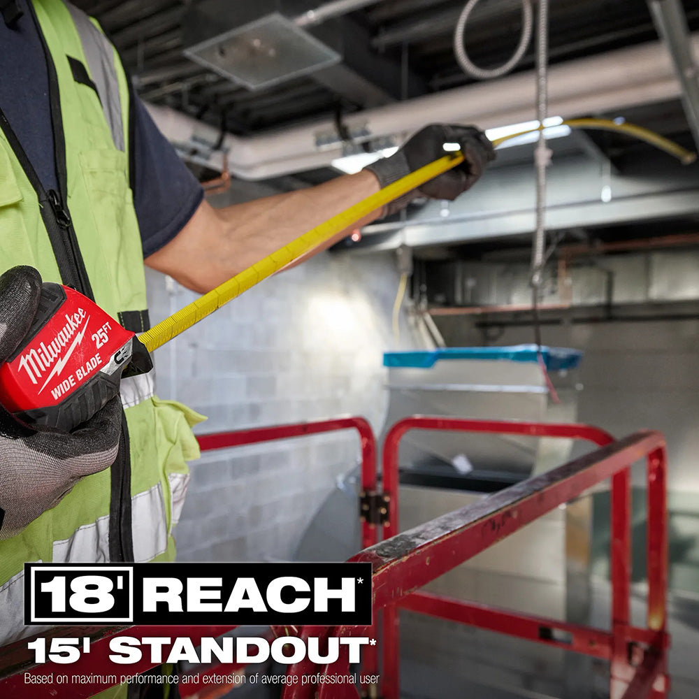 Person using a Milwaukee tool with text highlighting reach and standout features in an industrial setting.