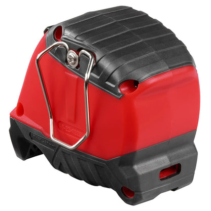 Red and black tape measure on a white background