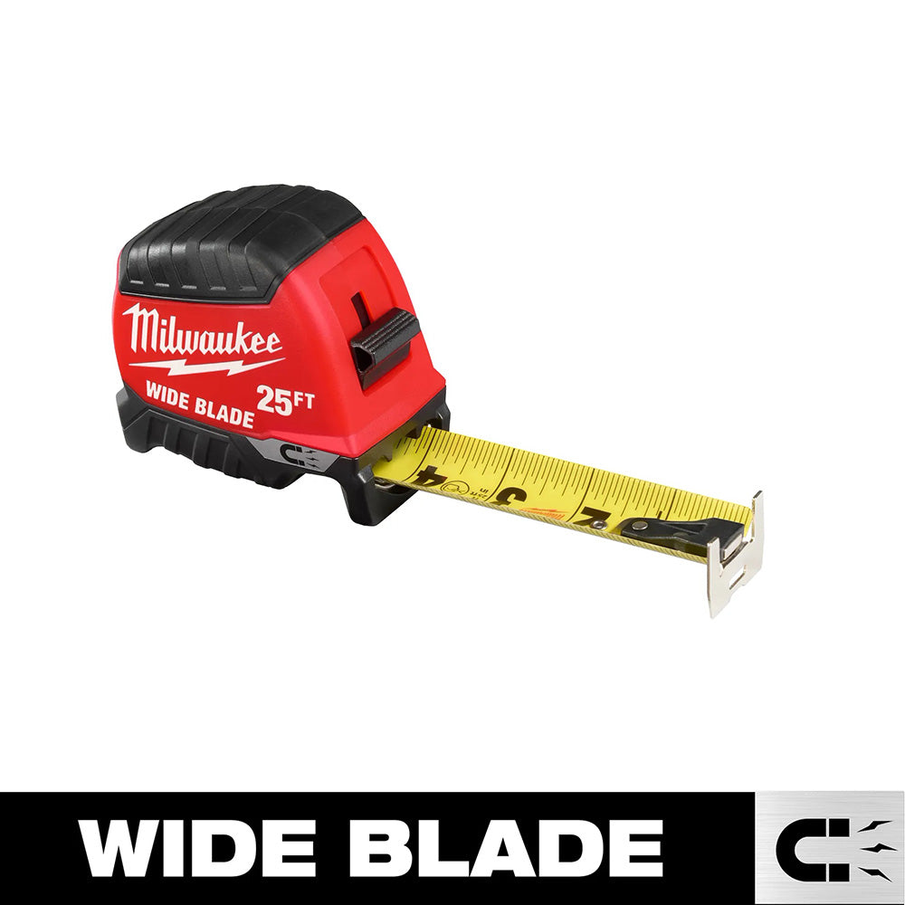 Milwaukee tape measure with wide blade on a white background