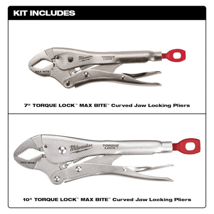 Milwaukee torque lock pliers set on a white background with text indicating kit contents.