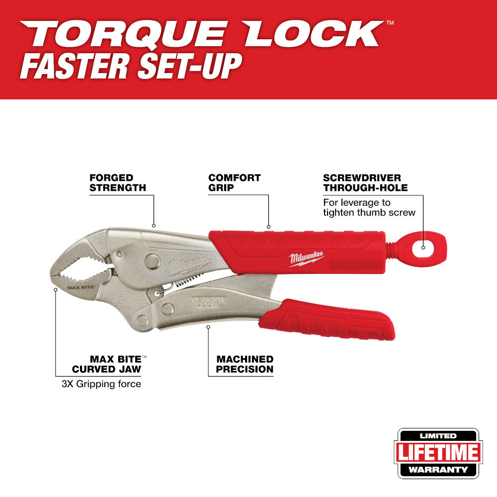 Milwaukee torque lock pliers with features highlighted on a white background