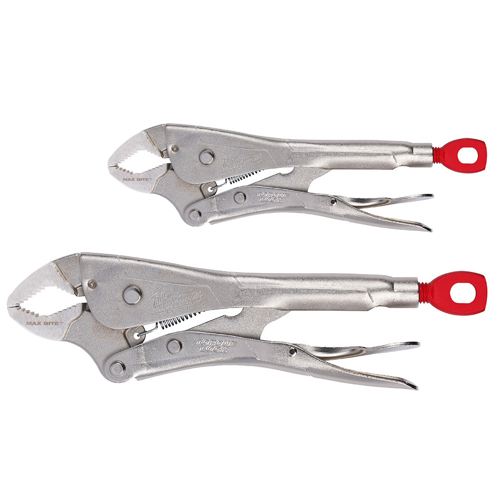 Two pairs of locking pliers with red handles on a white background