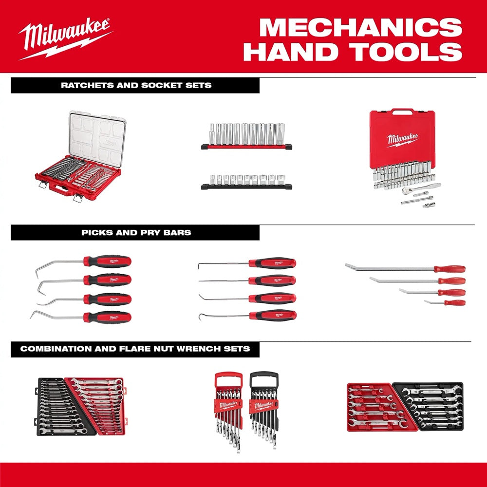 Milwaukee mechanics hand tools set with various tool sets on a white background