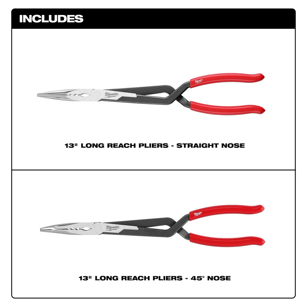 Two pairs of long reach pliers with red handles on a white background.