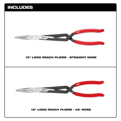 Two pairs of long reach pliers with red handles on a white background.