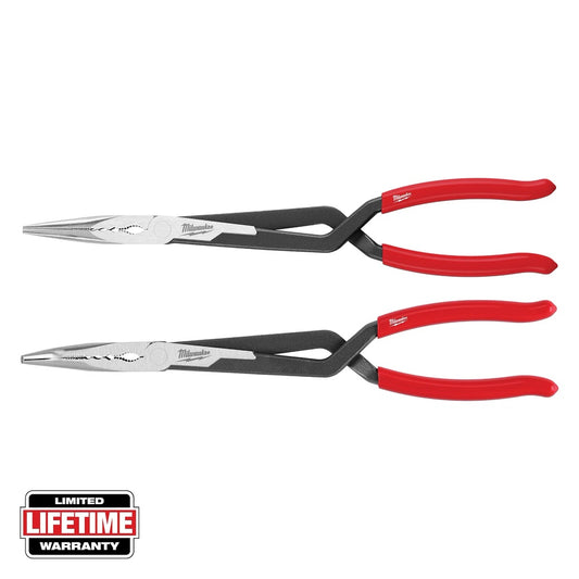 Pair of pliers with red handles on a white background, featuring a lifetime warranty badge.