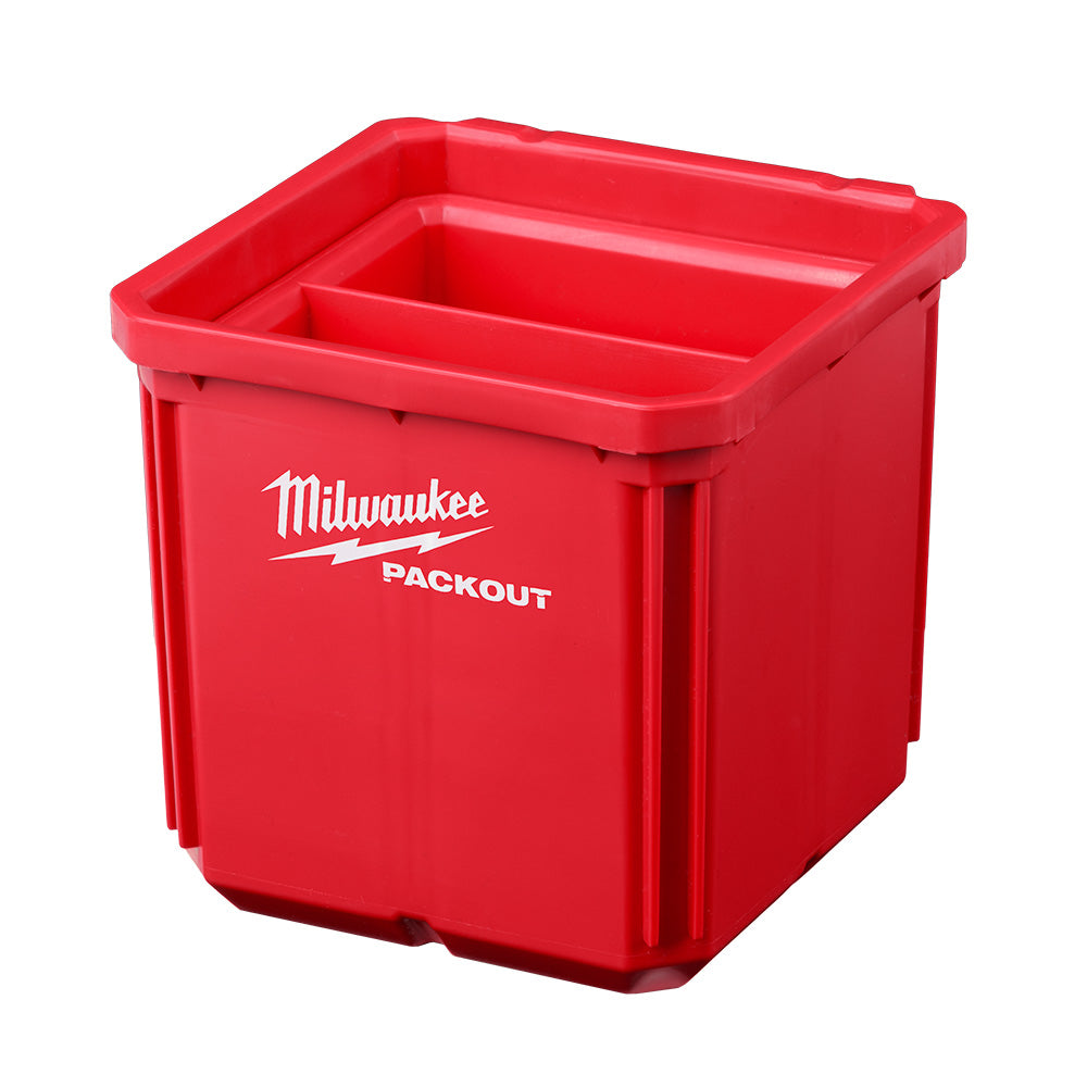 A red plastic bin with the Milwaukee PACKOUT logo on it, designed for storage and organization.
