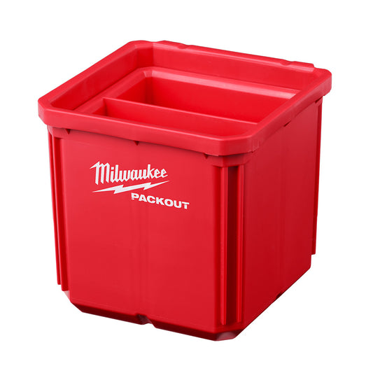 A red plastic bin with the Milwaukee PACKOUT logo on it, designed for storage and organization.