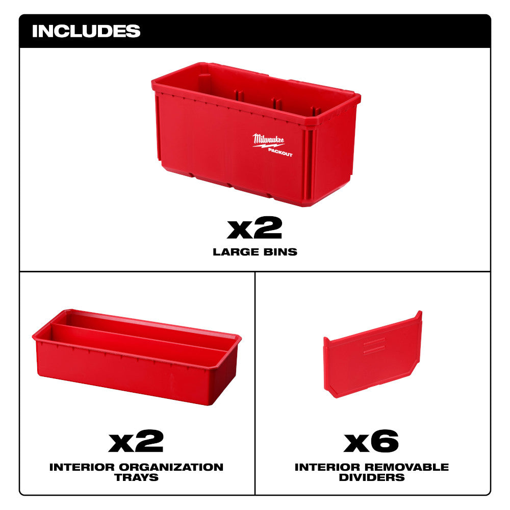 Includes 2 Large Bins, 2x Interior Organization Trays, 6x Interior Removable Dividers 