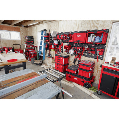 PACKOUT™ boxes and tools mounted on a wall in a shop settings